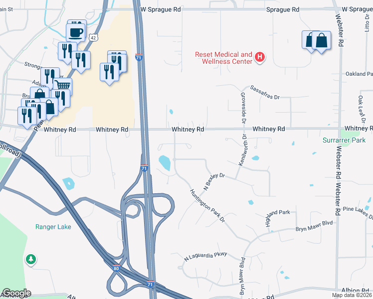 map of restaurants, bars, coffee shops, grocery stores, and more near 9387 Huntington Park Drive in Strongsville