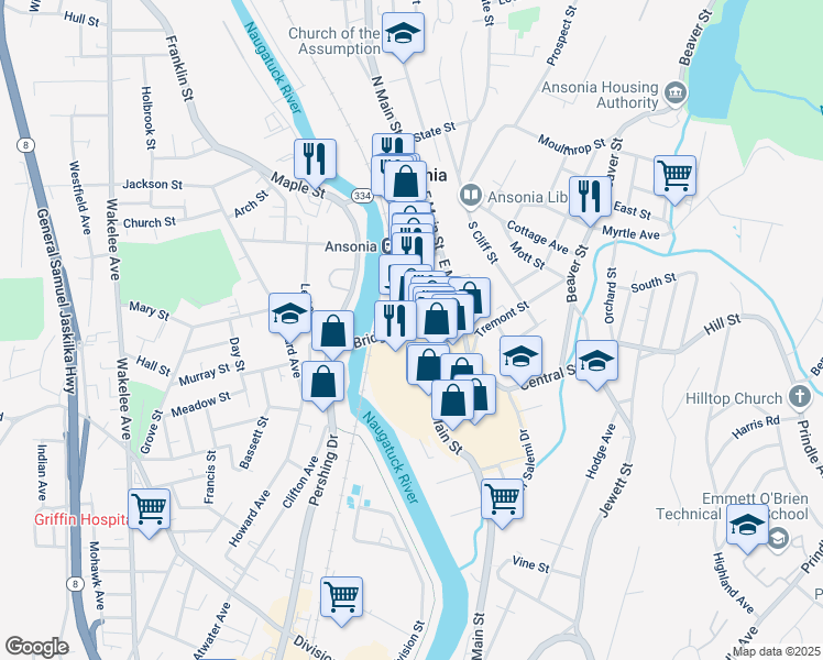 map of restaurants, bars, coffee shops, grocery stores, and more near 40 West Main Street in Ansonia