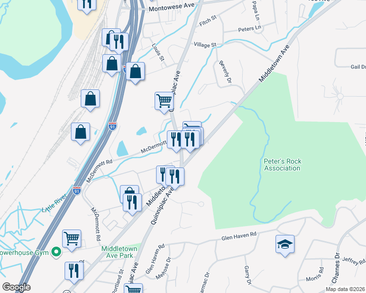 map of restaurants, bars, coffee shops, grocery stores, and more near 126 Middletown Avenue in North Haven
