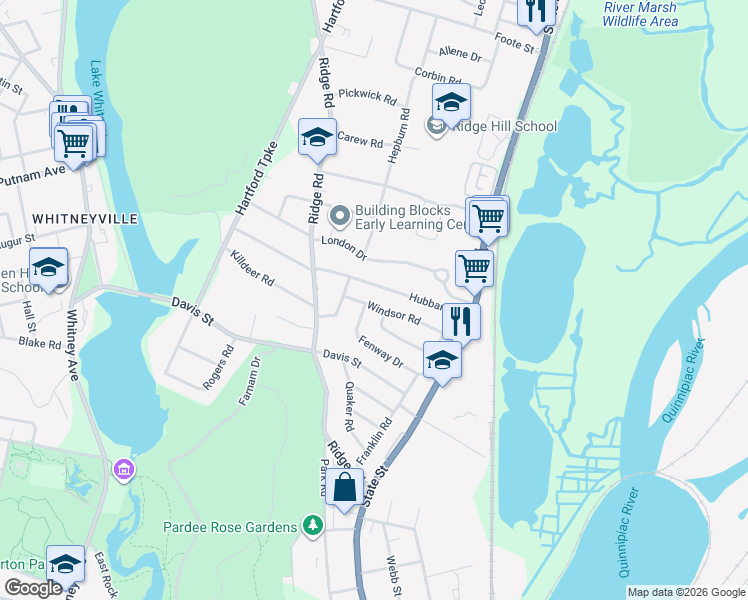 map of restaurants, bars, coffee shops, grocery stores, and more near 87 Windsor Road in Hamden