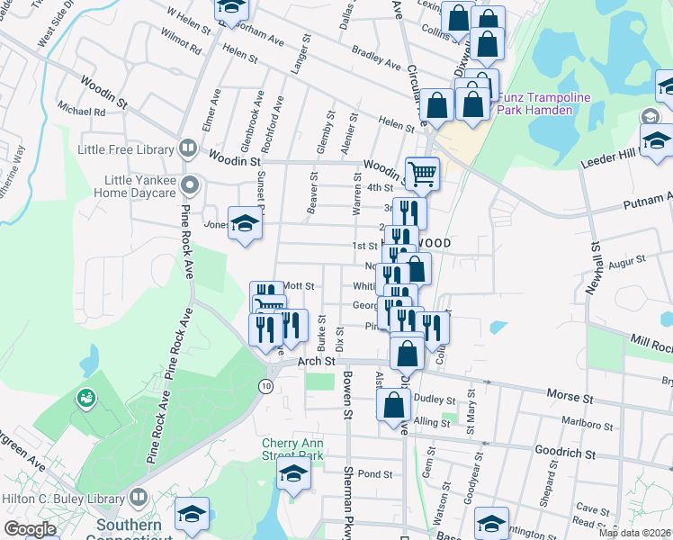 map of restaurants, bars, coffee shops, grocery stores, and more near 109 Burke Street in Hamden
