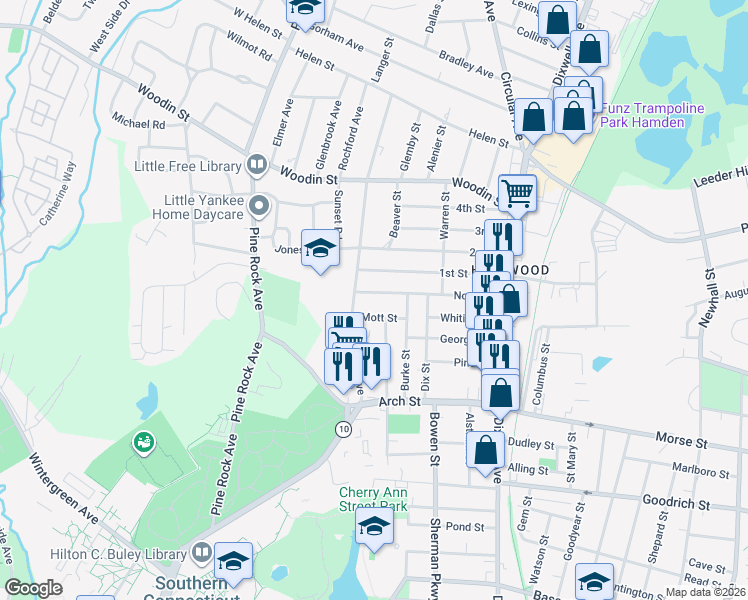 map of restaurants, bars, coffee shops, grocery stores, and more near 148 North Street in Hamden