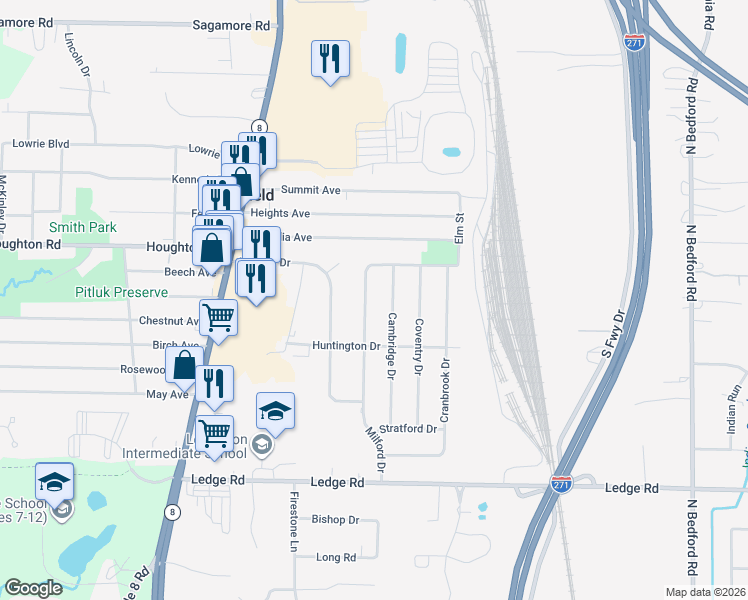 map of restaurants, bars, coffee shops, grocery stores, and more near 9100 Cambridge Drive in Northfield