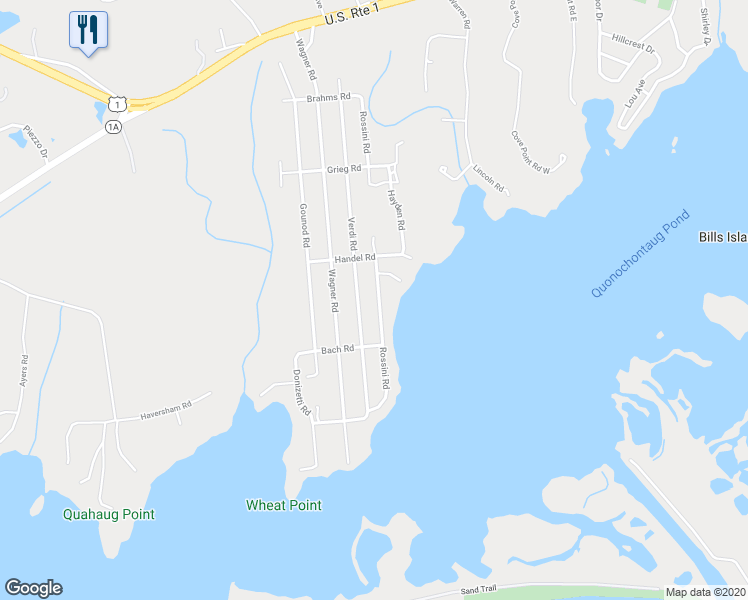 map of restaurants, bars, coffee shops, grocery stores, and more near 63 Rossini Road in Westerly