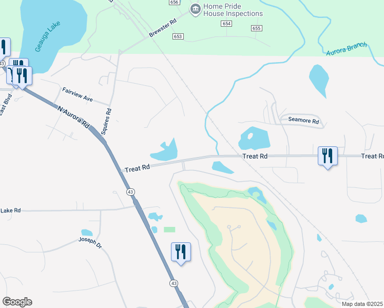 map of restaurants, bars, coffee shops, grocery stores, and more near 501 Treat Road in Aurora
