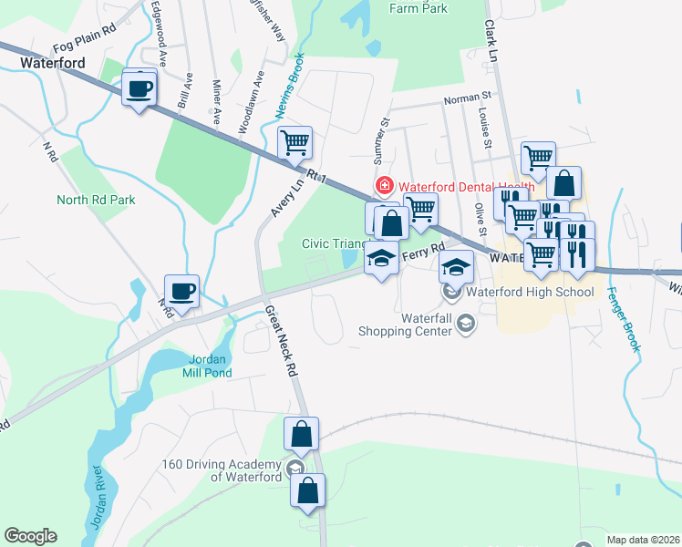 map of restaurants, bars, coffee shops, grocery stores, and more near 23 Rope Ferry Road in Waterford