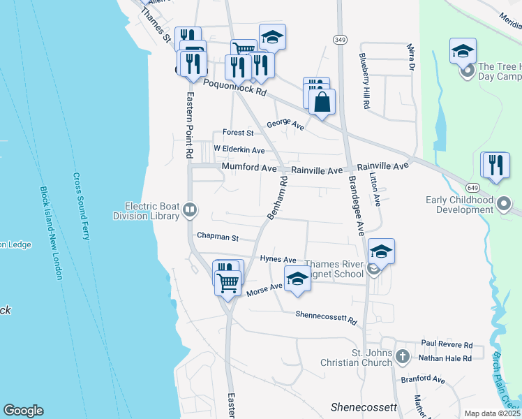 map of restaurants, bars, coffee shops, grocery stores, and more near 233 Benham Road in Groton