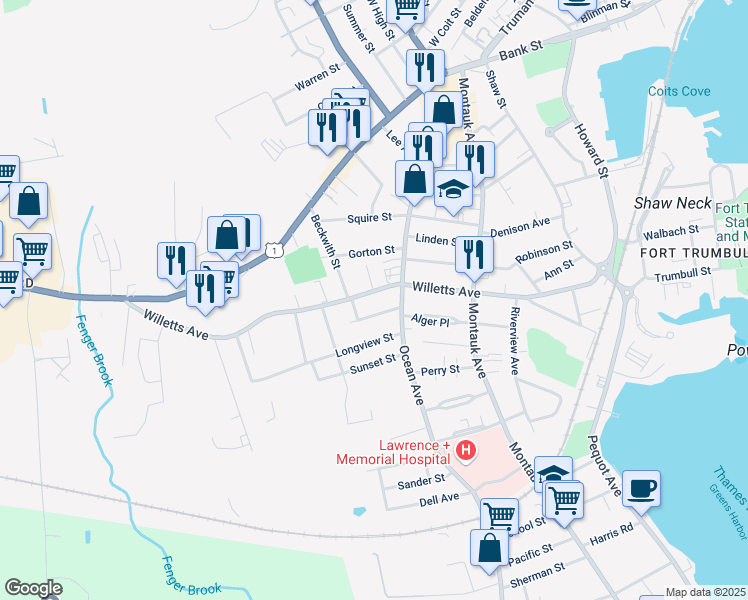 map of restaurants, bars, coffee shops, grocery stores, and more near 23 Mahan Street in New London