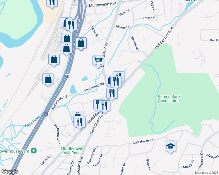 map of restaurants, bars, coffee shops, grocery stores, and more near 126 Middletown Avenue in North Haven