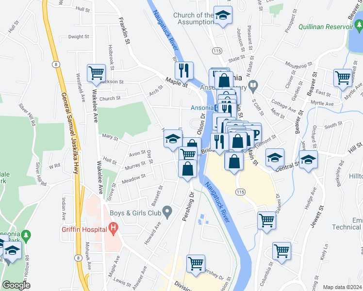 map of restaurants, bars, coffee shops, grocery stores, and more near 1 Lester Street in Ansonia