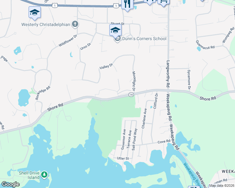 map of restaurants, bars, coffee shops, grocery stores, and more near 2 Belle Rose Drive in Westerly