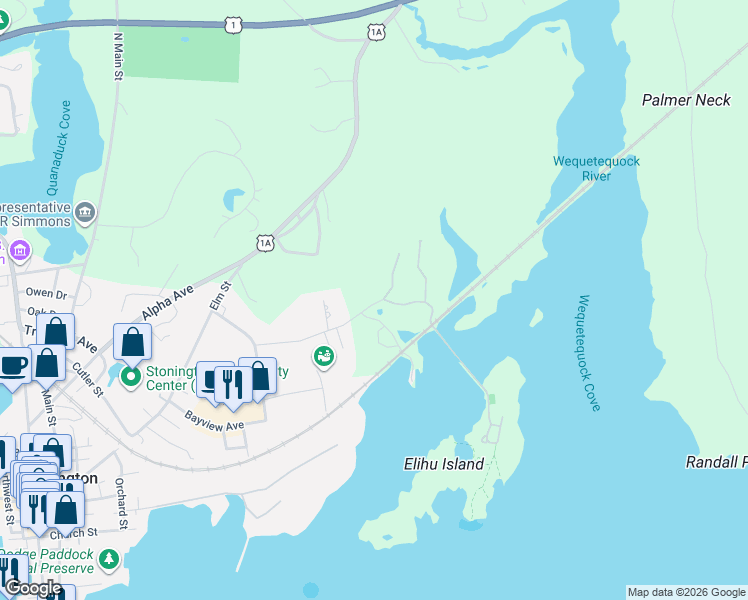 map of restaurants, bars, coffee shops, grocery stores, and more near 68 Island Road in Stonington