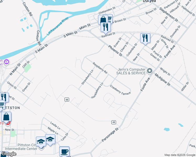 map of restaurants, bars, coffee shops, grocery stores, and more near 21 Blueberry Drive in Duryea