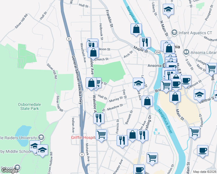 map of restaurants, bars, coffee shops, grocery stores, and more near 16 Parker Street in Ansonia