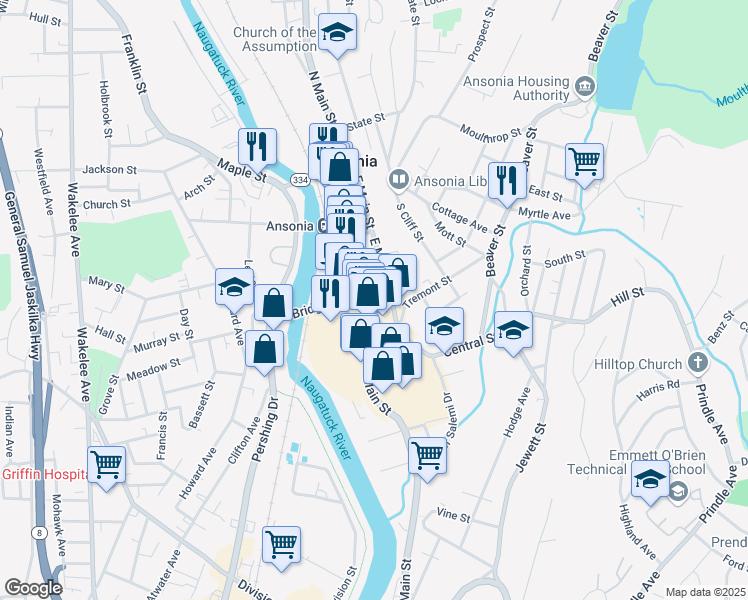 map of restaurants, bars, coffee shops, grocery stores, and more near 300 Main Street in Ansonia