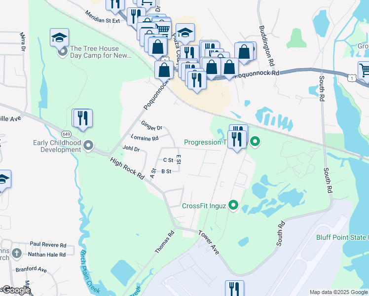 map of restaurants, bars, coffee shops, grocery stores, and more near 152 D Street in Groton
