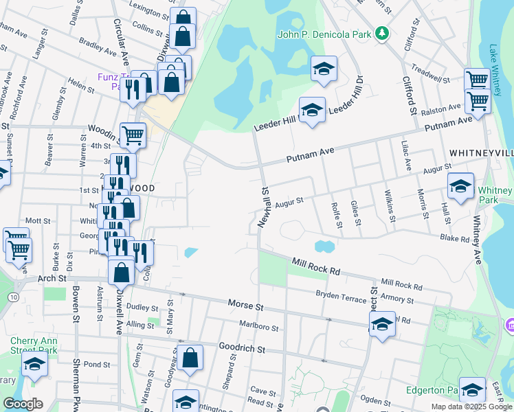 map of restaurants, bars, coffee shops, grocery stores, and more near 327 Augur Street in Hamden