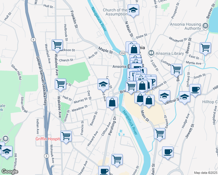 map of restaurants, bars, coffee shops, grocery stores, and more near 3 Lester Street in Ansonia