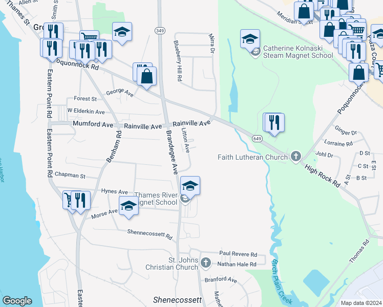 map of restaurants, bars, coffee shops, grocery stores, and more near 99 Litton Avenue in Groton