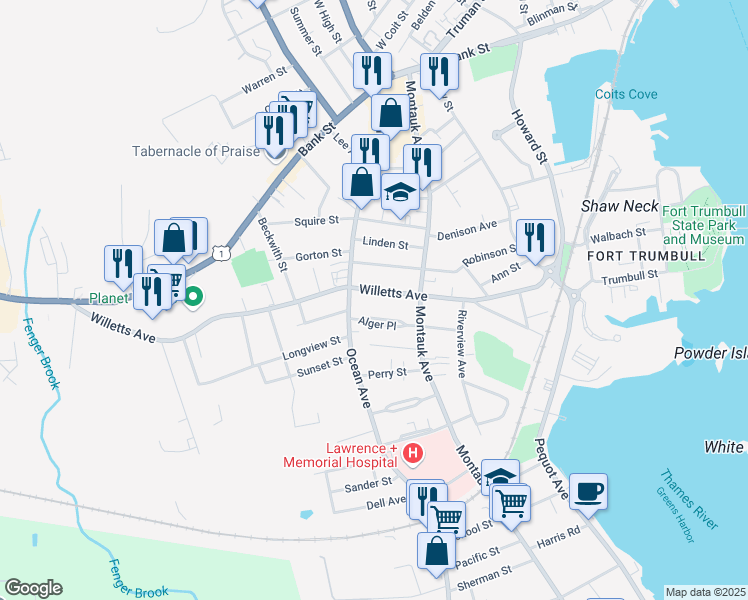 map of restaurants, bars, coffee shops, grocery stores, and more near 208 Ocean Avenue in New London