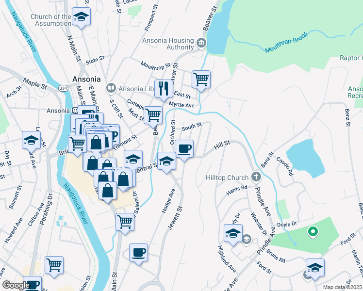 map of restaurants, bars, coffee shops, grocery stores, and more near 3 Hill Street in Ansonia
