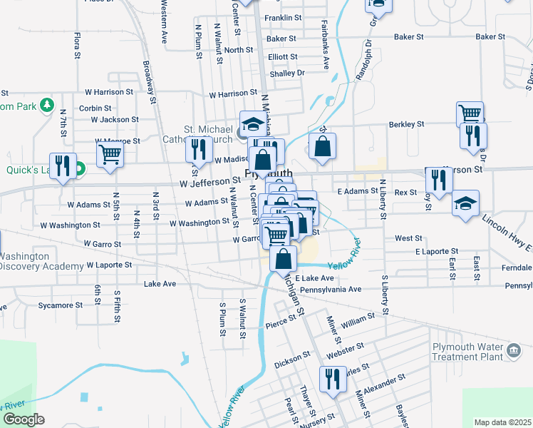 map of restaurants, bars, coffee shops, grocery stores, and more near 109 West Washington Street in Plymouth