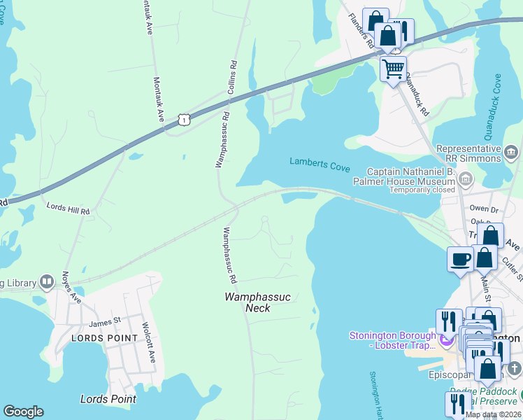 map of restaurants, bars, coffee shops, grocery stores, and more near 6 East Neck Road in Stonington