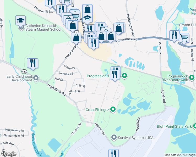 map of restaurants, bars, coffee shops, grocery stores, and more near 169 D Street in Groton