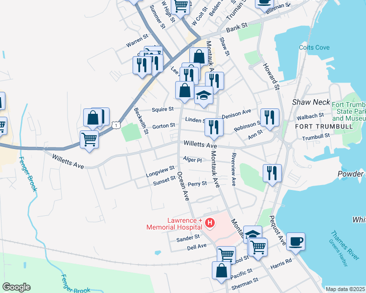 map of restaurants, bars, coffee shops, grocery stores, and more near 198 Ocean Avenue in New London