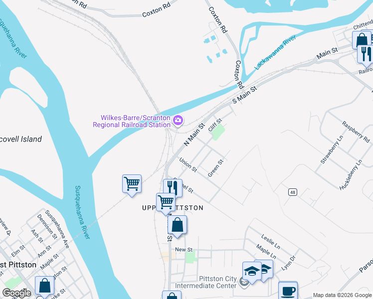 map of restaurants, bars, coffee shops, grocery stores, and more near 66 Cliff Street in Pittston