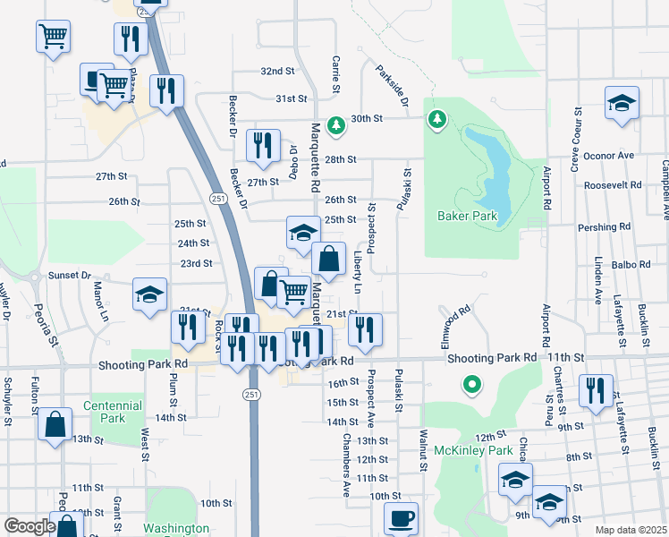 map of restaurants, bars, coffee shops, grocery stores, and more near 2209 Marquette Road in Peru