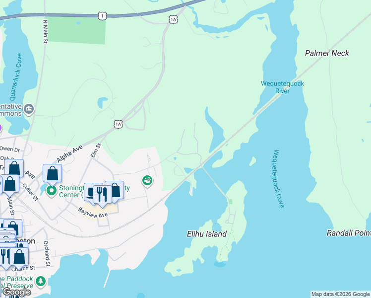 map of restaurants, bars, coffee shops, grocery stores, and more near 68 Island Road in Stonington