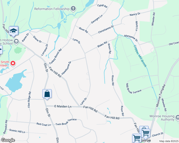 map of restaurants, bars, coffee shops, grocery stores, and more near 107 Lynn Drive in Monroe