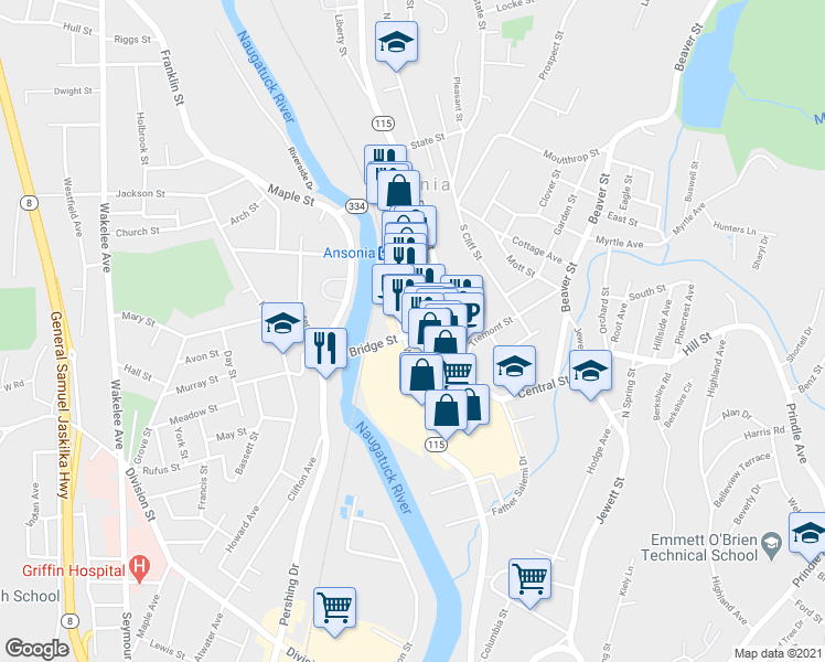 map of restaurants, bars, coffee shops, grocery stores, and more near 49 Bridge Street in Ansonia