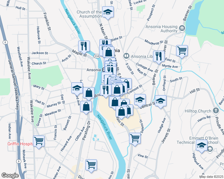 map of restaurants, bars, coffee shops, grocery stores, and more near 53 Bridge Street in Ansonia