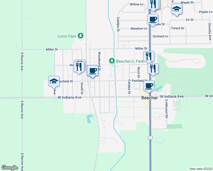 map of restaurants, bars, coffee shops, grocery stores, and more near 523 Woodward Street in Beecher