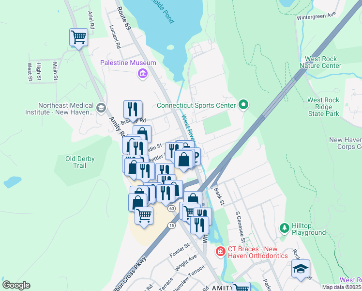 map of restaurants, bars, coffee shops, grocery stores, and more near 30 Mettler Street in Woodbridge
