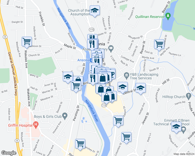 map of restaurants, bars, coffee shops, grocery stores, and more near 300 Main Street in Ansonia
