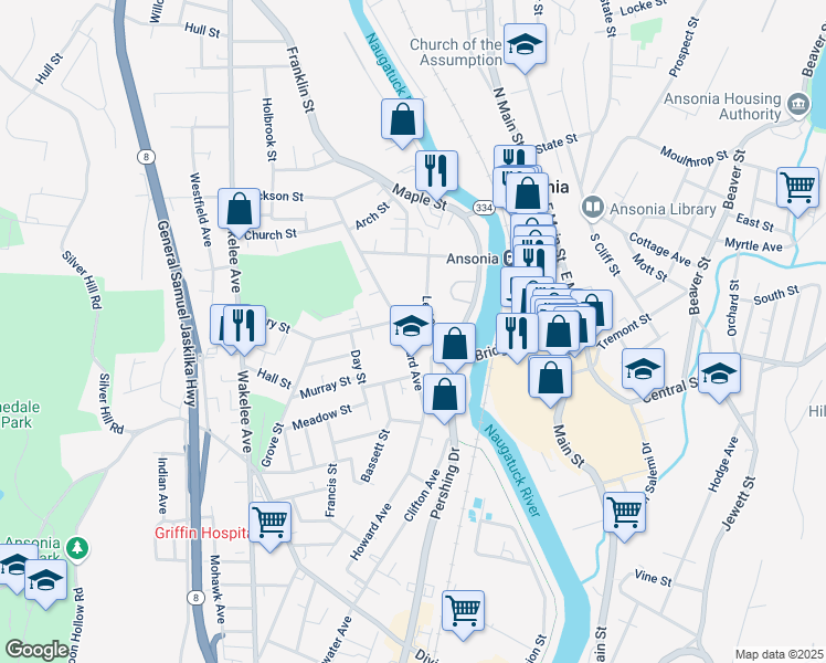 map of restaurants, bars, coffee shops, grocery stores, and more near 115 Howard Avenue in Ansonia