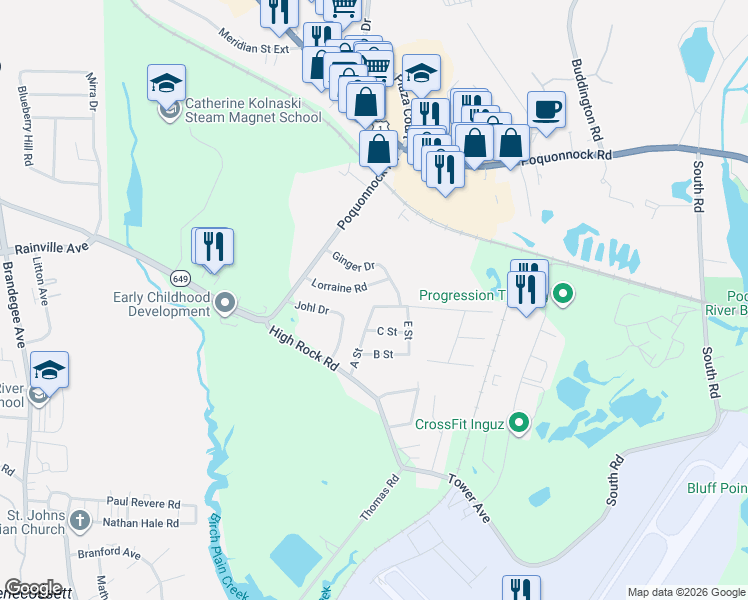 map of restaurants, bars, coffee shops, grocery stores, and more near 37 D Street in Groton