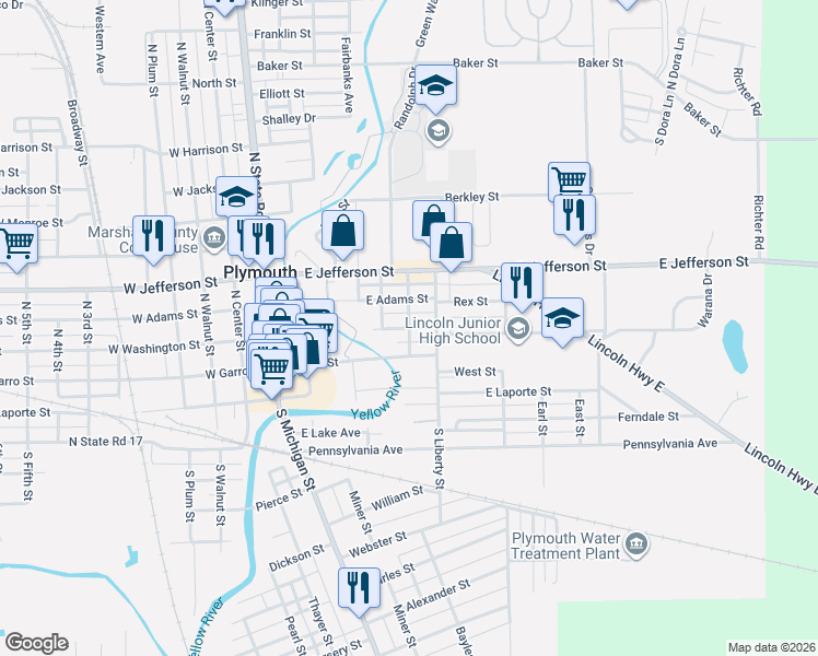 map of restaurants, bars, coffee shops, grocery stores, and more near 299 Indiana Street in Plymouth