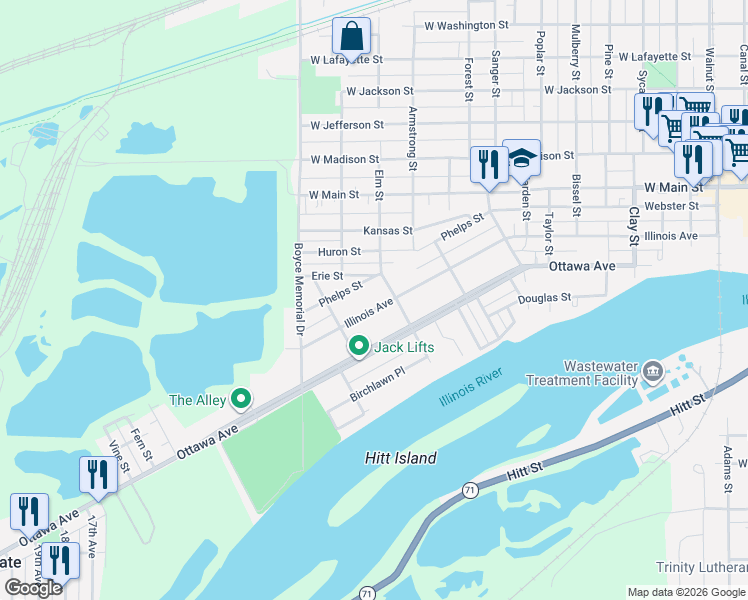 map of restaurants, bars, coffee shops, grocery stores, and more near 1415 Illinois Avenue in Ottawa