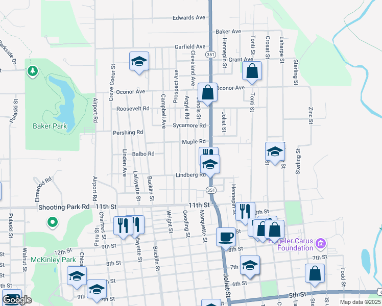 map of restaurants, bars, coffee shops, grocery stores, and more near 1322 Argyle Road in LaSalle