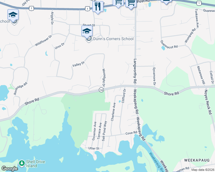 map of restaurants, bars, coffee shops, grocery stores, and more near 293B Shore Road in Westerly
