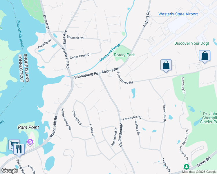 map of restaurants, bars, coffee shops, grocery stores, and more near 177 Winnapaug Road in Westerly