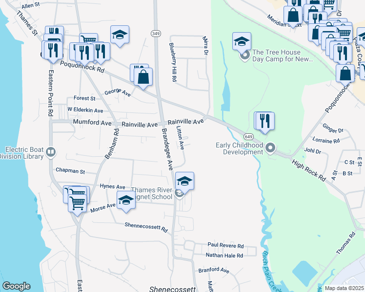 map of restaurants, bars, coffee shops, grocery stores, and more near 99 Litton Avenue in Groton