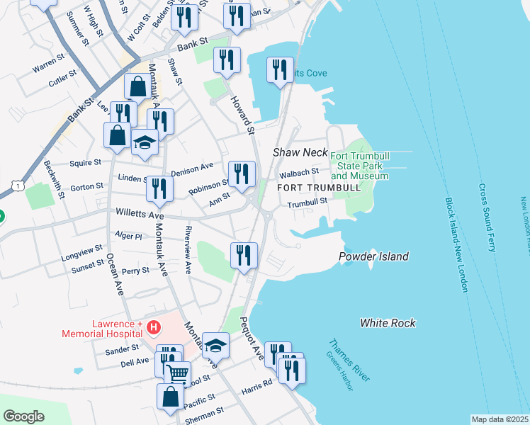map of restaurants, bars, coffee shops, grocery stores, and more near 21 Pequot Avenue in New London