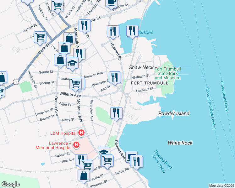 map of restaurants, bars, coffee shops, grocery stores, and more near 6 Cliff Street in New London