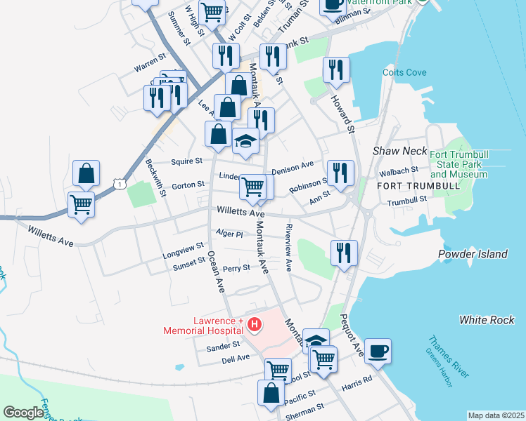 map of restaurants, bars, coffee shops, grocery stores, and more near 222 Montauk Avenue in New London