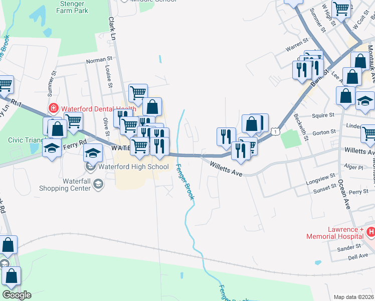 map of restaurants, bars, coffee shops, grocery stores, and more near 90 Boston Post Road in Waterford